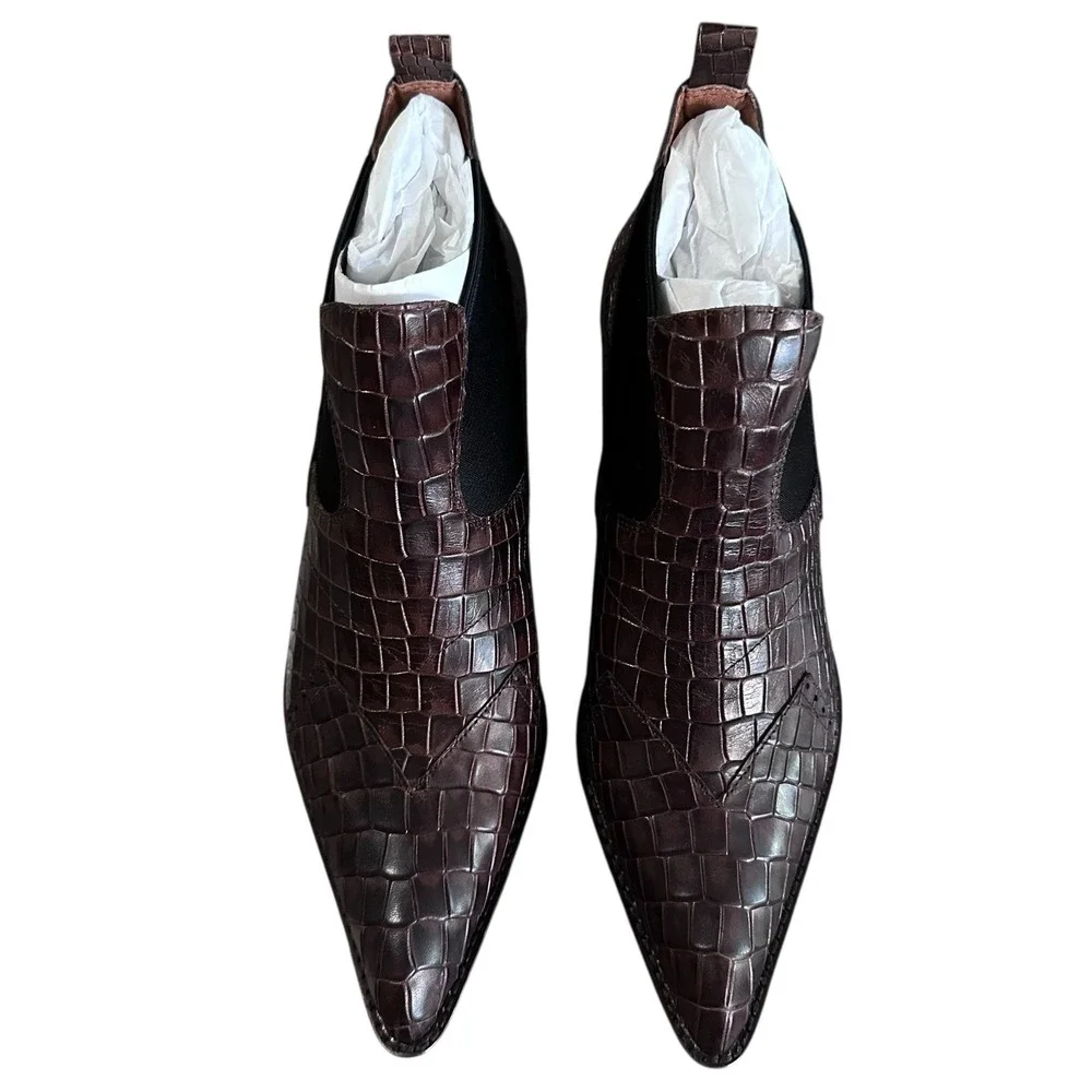 Jeffery Campbell Paine‎ Crocodile Embossed Kitten Hill Ankle Boots Size 9 Brown